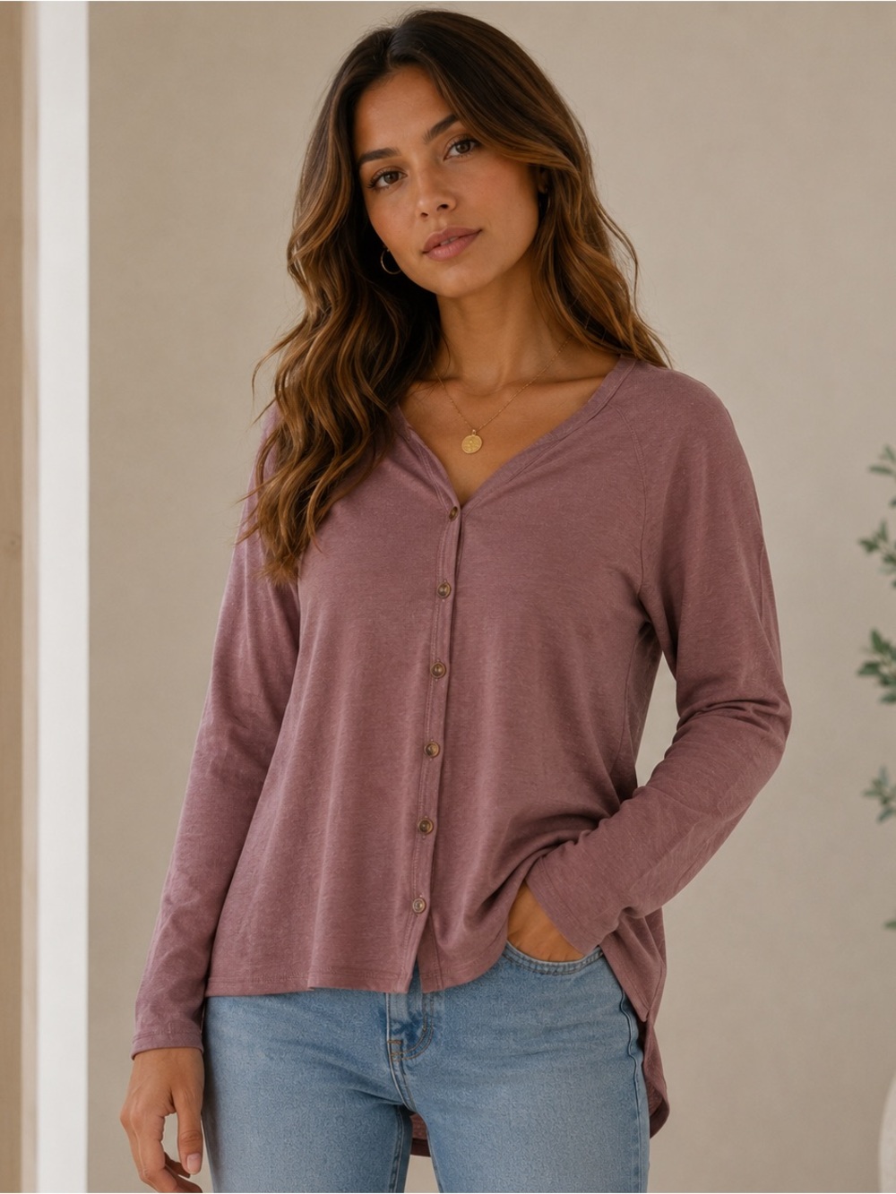 Hopely Mauve Button Front Long Sleeve Top Size Small‎ Boho Casual